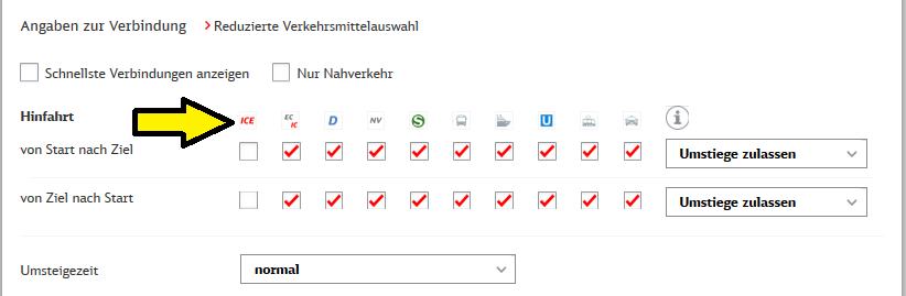 Deutsche Bahn ホームページ　検索条件変更　ICE除外