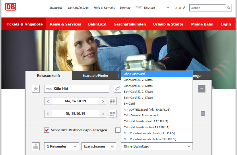Deutsche Bahn ホームページ　カードオプション